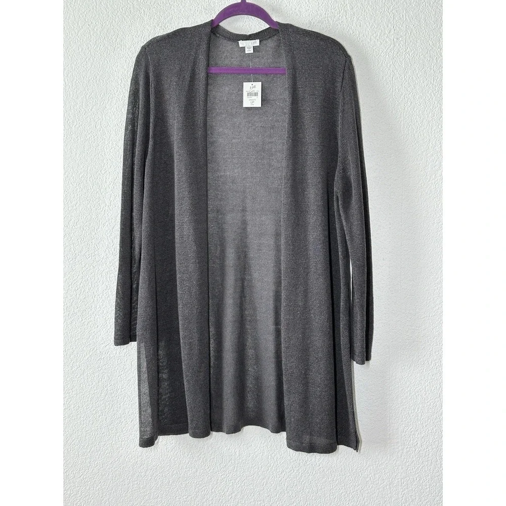 NWT J Jill Petite PL Linen Blend‎ Duster Cardigan Open Knit Lightweight Gray
